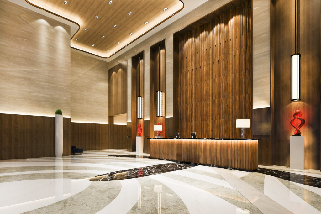 luxury hotel reception hall lounge restaurant with high ceiling